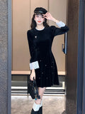 Bjlxn Woman Spring Summer New Elegant Velvet Mini A-line Dresses Long Sleeve  Party  Fashion One Piece Robe