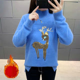 Cute Women Sweater Korean Reindeer Ugly Christmas Sweater Winter Warm Sweaters Fluffy Cashmere Jumper Turtleneck Pullover