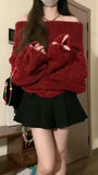 Bjlxn Women Red Pullover Knitted Sweater Harajuku Y2k Long Sleeves Slash Neck Sweater Jumper Vintage 2000s Aesthetic Clothes 2024