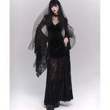 Bjlxn Gothic Black Midi Dresses Women V-neck Irregular Flrae Sleeve Y2k Vintage Lace Bandage Dark Style Harajuku Fashion Clothing New