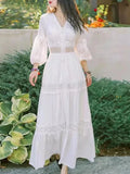 Bjlxn Bohemian White Beach Dress Women Elegant Party Dresses Spring Auutm V-neck Sexy Hollow Out High Waist Long Robe Vestidos