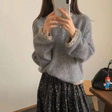 Bjlxn Vintage Fashion Knitwear Korean Style Sequined Patchwork Loose Long Sleeve Pullover Sweater Women 2024 Autumn Winter