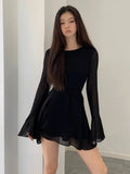 Bjlxn Backless Black Dress Women Elegant Back Hollow Out Lace-up Long Sleeve Mesh Patchwork Sexy Slim Ruffle Mini Dress Party