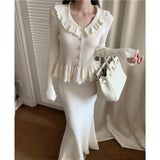 Bjlxn Autumn Winter Knitted 2-Piece Sets Women Ruffles Tops Bodycon Fishtail Skirt Slim Solid Knitwear Outfits Korean Fashion Suit