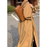 Bjlxn Women Elegant Long Woolen Coat with Belt Autumn Winter New Fashion Solid Lapel Long Sleeve Chic Outerwear Ladies Casual Overcoat