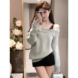 Bjlxn Winter Women Casual Fake Two Pieces Knitwear Korean 2000s Vintage Cltohing Long Sleeve Sweater Gyaru Off Shoulder Jumpers Korean