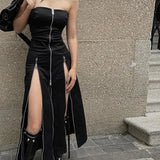 Bjlxn  Goth Dark Techwear Fashion Zip Up Midi Dresses Cyber Y2k Mall Gothic Split Women Tube Dress Partywear Punk Off Shoulder Outfits