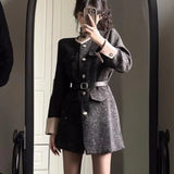 Bjlxn Autumn Winter Mini Dresses for Women with Belt Turn-down Collar Patchwork O-neck Korean Fashion Blazer Dress Casual Vestidos