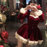 Bjlxn Elegant Velvet Lace Ruffles Patchwork Short Dresses for Women Long Sleeve A-line Korean Fashion Christmas Birthday Party Dress