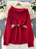 Bjlxn Women Knitted Sweater Autumn Winter Sexy Off Shoulder Lapel Slim Pullover Tops Female Solid Long Sleeve Korean Casual Sweaters