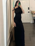 Bjlxn - Black Long Dress Female Slim High Waist Off-Shoulder Fashion Elegant Evening Partywear Dress Solid One-Shoulder Maxi Dress