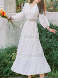 Bjlxn Bohemian White Beach Dress Women Elegant Party Dresses Spring Auutm V-neck Sexy Hollow Out High Waist Long Robe Vestidos