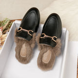 Bjlxn winter women's plush outdoor slippers mules Metal British style Genuine fur rabbit flats Ladies casual shoes