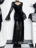 Bjlxn Aesthetic Gothic Midi Dress Women Vintage Elagnt Lace Patchwork See Through Flare Sleeve High Waist Clubwear Dress Femme