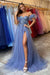 Dusty Blue Evening Dresses Sparkly Bling High Slit Sweetheart Floral A Line Puffy Sleeves Formal Party Prom Gowns Custom made