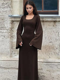 Bjlxn Scoop Neck Lace-Up Ribbed Maxi Dress Female Long Sleeve Fashion Slim Loose Bandage Dress Autumn Solid Women Dress New