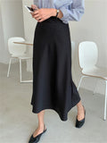 Bjlxn Summer Spring Women Elegant High Waist Satin Skirt Female Casual A-Line Midi Silk Fashion Skirt