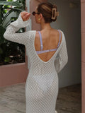 Bjlxn - White Knit Fashion Cover up Maxi Dress Female See-Through V-Neck Hollow Out Beach Holiday Dress Knitwear Backless Dress