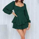 2024 New Solid Color Romper Women's Square Neck Dress Lantern Sleeves Ruffle Edge Shorts Long Sleeved Jumpsuit Woman Clothing