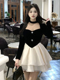 Bjlxn Y2K Mini Princess Dress Women Velvet Patchwork Layered Ruffles A-Line Autumn Spring Elegant Vintage Evening Party Vestidos Mujer