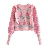 Bjlxn Pink Ruffles Casual Acrylic Knitted O-Neck Pullover Long Sleeve Women's Sweater Female Sweaters Tops Woman Clothing Fashion 2024