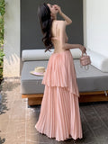 Bjlxn Summer Sweet  Sleevess Women Beach Party Dress Pleated Spaghetti Strap Sexy A-line Casual Female Maxi Clothes