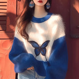 Bjlxn Lazy Style Contrasting Color Klein Blue Soft Women's Sweater Autumn Winter Loose Korean Version Butterfly Printed Top for Women