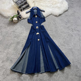 Bjlxn Women Summer Retro Turn-down Collar Denim Dress Hollowed Out Split High Waist Jeans Skirts