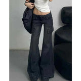 Bjlxn Street multi-pocket American wide-legged loose flared jeans for women 2025 new spring trendy black versatile slim straight pants