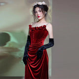 Bjlxn Velvet toasting dress with strap Wine red Rose Fish Tail Banquet small train