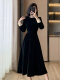 Bjlxn Woman Spring Summer New Elegant Velvet Patchwork Midi A-line Dresses Office Lady Long Sleeve Party Fashion One Piece Robe