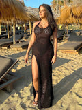 Bjlxn - Summer Women's Hollow See Through Knitted Dress Big Backless Hanging Neck Sexy Split Holiday Beach Bikini Cover Up Dress