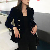 New Spring Fashion Women Midnight Navy Slim Velvet Blazer Office Lady Double Breasted Suit Jacket Coat Female Party Clothes Gift