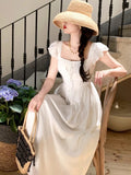 2024 Summer Elegant Women Sweet Party Midi Holiday Dresses Casual Female Lace Up Robe