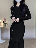 Bjlxn Korean Chic French Knitted Dress Women High Waist Fishtail Dresses Autumn Winter Long Sleeve Elegant Bodycon Dress Vesstidos