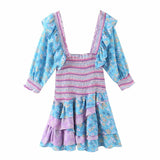 Bjlxn Floral Prints Ruffled Holiday Dress Square Neck Smocked Sexy Laides Dress Mini Dress Autumn