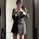 Bjlxn Autumn Winter Mini Dresses for Women with Belt Turn-down Collar Patchwork O-neck Korean Fashion Blazer Dress Casual Vestidos