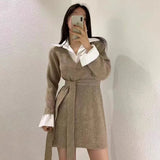 Bjlxn Korean Chic Mini Dresses Women Turn-down Collar Long Sleeve Shirt Patchwork Autumn Winter Knitted Dress Casual Fashion Vestidos