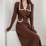 Bjlxn Autumn Winter Knitted Dresses for Women Turn-down Collar Korean Fashion A-line Casual Solid Dress Slim Vestidos Mujer 2024 New