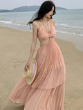 Bjlxn Summer Sweet  Sleevess Women Beach Party Dress Pleated Spaghetti Strap Sexy A-line Casual Female Maxi Clothes