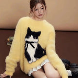 Bjlxn American Retro Cartoon Cat Bow Plush Sweater Sweater Women Y2K Korean Autumn and Winter Sweet and Spicy Jacquard Loose Pullover