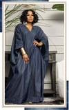 Bjlxn Loose Fit Denim Imitation Dress Batwing Sleeve V Neck Plain Maxi Dresses Casual Solid Color Floor Length Vestidos