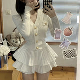 Bjlxn Autumn Korean Fashion Knitted Two-piece Skirt Set Women Casual Single Breasted V-neck Sweater Mini Ruffles Skirt Y2K New Outfits