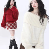 Bjlxn Lazy Style One Shoulder Sweater Knitted Sweater for Women in Autumn and Winter Loose and Versatile Long Sleeved Top