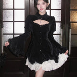 Bjlxn Y2K Gothic Black Mini Dresses Women Flare Sleeve O-neck Hollow Out Ruffles Patchwork A-line Korean Chic Party Dress Autumn New