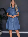 Bjlxn Summer Women Lapel Casual Denim Dress Sexy High Waist Single Breasted Button Short Sleeve Mini Dress