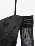 Bjlxn  Punk Dresses For Girls Black Gothic Flare Sleeves Cold Shoulder Floral Lace Mesh Flocking Velvet Patchwork Ruched Dress