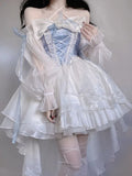 Bjlxn French Romantic Style Lolita Op Elegant Girl Cosplay Princess Puff Sleeve Ribbon Bowknot Flower Tunic Mesh Fantastic Fairy Dress