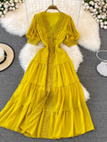 Bjlxn New Women Vintage Party Dress Summer Puff Sleeve Sexy V Neck Lace Single-breasted Long Dresses Ladies A Line Elegant Long Robe