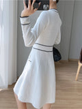 Bjlxn Spring Vintage  Party Dresses Women Elegant Slim Knitted Midi Dress A-line Lady Korean Fashion Autumn Vestidos Mujer